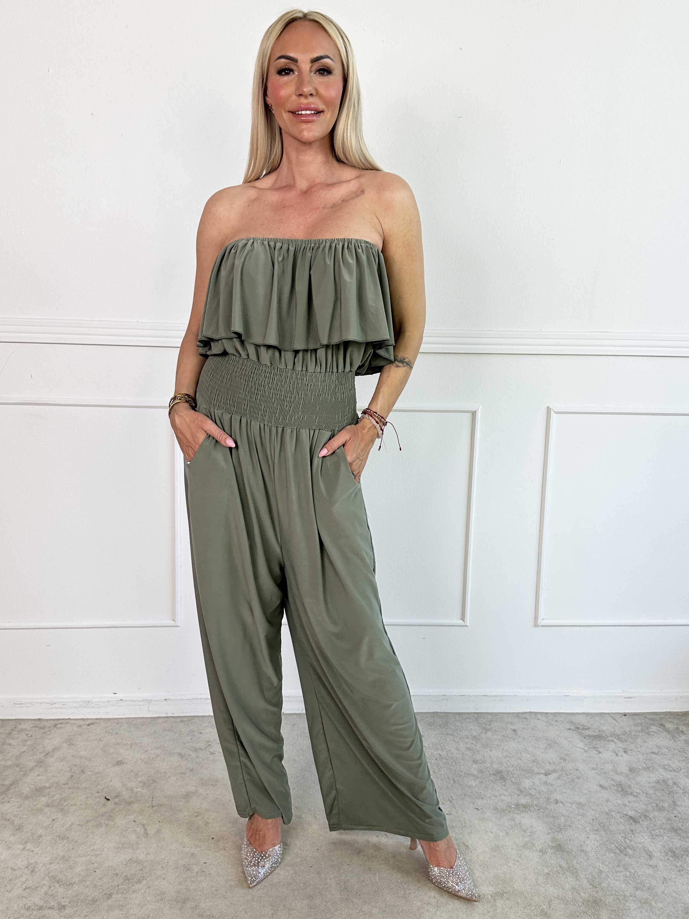 Pams Plain Frill Jumpsuit - Elastisk buksedragt med smock og flæse